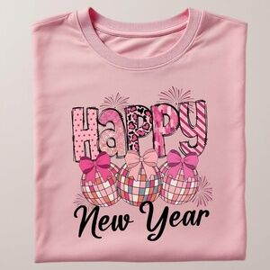 Happy New Year Pink Disco T-shirt Pink S M L XL Checkers Polka dots New long Sl